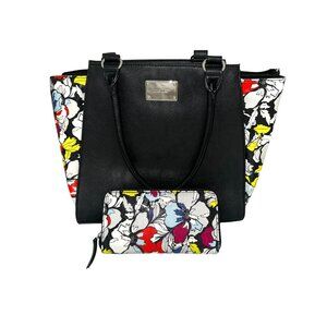 Nine West Black & Floral Tote Handbag With Matching Wallet